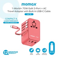 Momax I-World+ 70W GaN 3-Port + AC Travel Adapter / Built-in USB-C Cable Charger Fast Charger Power 