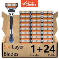 Men's 6-Layer Blade Shaver Set – 1 Handle & 24 Blades, Anti-Slip Grip, Gillette Fusion Compatible, P
