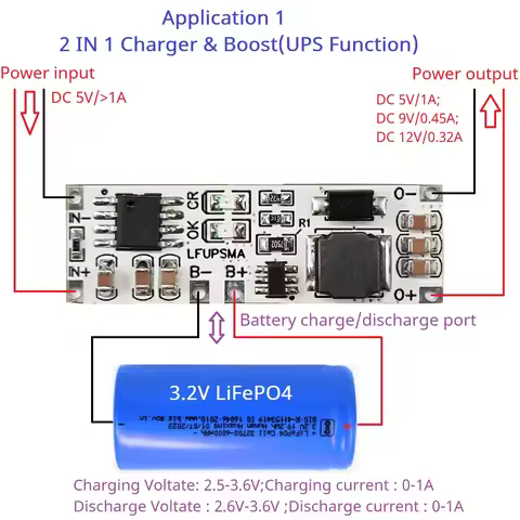 2 IN 1 3.2V LiFePO4 Battery Charge & Discharge UPS Module 5V 9V 12V DC DC Boost Converter 32140 3270