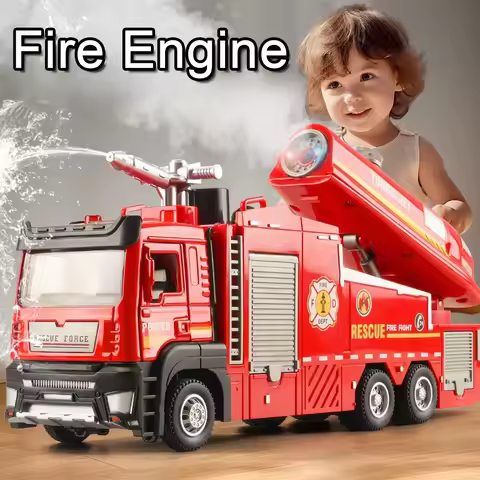 1:32 Alloy Fire Engine Model Toys Diecast Car Water Spray Function Doors Opened Sound Light Pull Bac