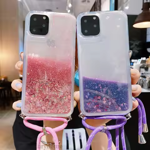 Strap Case for OPPO Reno 12 11 10 8 7 Find X5 Lite Realme C55 C53 Quicksand Crossbody Cord Chain Liq