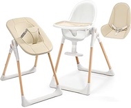 2-in-1 High Chairs for Babies and Toddlers, Foldable Baby High Chair with Newborn Set, Wooden Baby Highchair with Non-Slip PU Cushion, Adjustable Footrest, Backrest, Tray, Easy to Clean, Cream