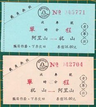 50年代 台灣省林務局 阿里山~祝山/祝山~阿里山 單程車票共二張 (0611-)