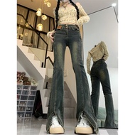 [Lu77] Jeans Korean Version Flared Cropped Pants Elastic High Waist Trousers Floor Slimmer Look