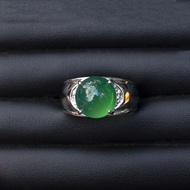 แหวนพลอยโมรา (Chalcedony/ Agate) สีเขียวหยก ตัวเรือนเงินแท้92.5%ชุบทองคำขาว ไซด์นิ้ว 62 เบอร์ 9.5 US มีใบรับประกันสินค้า