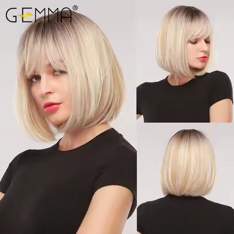 GEMMA Short Straight Bob Synthetic Wigs with Bangs for Women Afro Ombre Black Brown Yellow Blonde Wi
