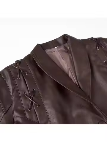 Mauroicardi Spring Autumn Short Retro Brown Pu Leather Jacket Women Sashes Lace Up Luxury Designer E