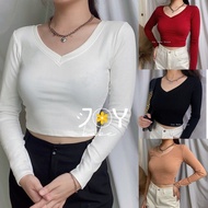 JOY BABE 100% Cotton turtleneck t-shirt, v-neck crop top long-sleeved t-shirt, body-hugging crop top