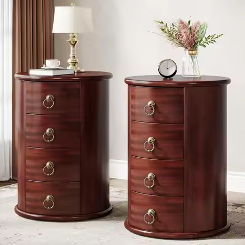Solid Wood End Table, Round Side Table with 4 Drawers, Vintage Bedside Table Nightstand for Small Sp