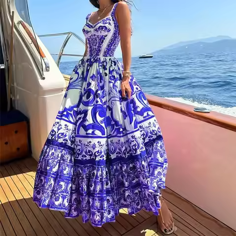 Luxury Long Printed Suspender Dress Bohemian Big Swing Maxi Dress Women Summer Elegant Light Slim Fi