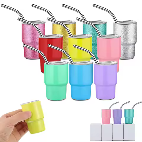 1 Piece 2oz Mini Tumbler Shot Glass with Straw and Lid Stainless Steel Cute Cups Double Wall Vacuum 
