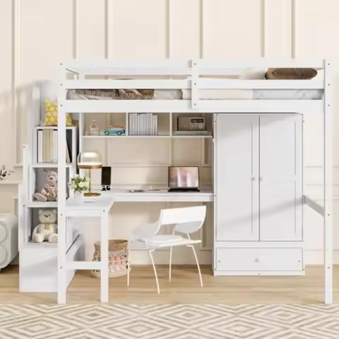 Space Saving Full Loft Bed with Desk, Wood Loft Bed, White Full Size Loft Bed with Wardrobe, Storage