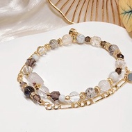 靜穩光盾。閃靈鑽 白水晶 冰曜石 白松石 金草莓 黑骨幹 手串