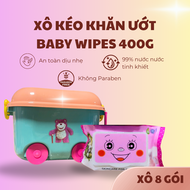 Xô bánh xe + 8 Gói Khăn giấy ướt 400g Vải bi dầy khổ 19x20 Khăn ướt không cồn dùng được cho bé