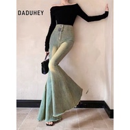 DaDuHey Women's Retro Washed Frayed Big Flared Jeans High Waist Wide Leg Pants Casual Fishtail Pants