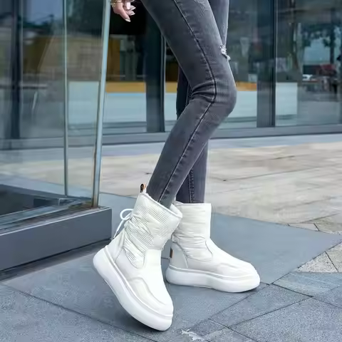 White Half High Waterproof Women's Snow Boots Lace-up Goth Plush Warm Quality on Offer Y2k Padded La