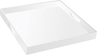 MIKINEE 19×19 Inches Glossy White Acrylic Serving Tray with Handles Extra Large Ottoman Tray Decorative Tray Spill-Proof Coffee Table Space Saver Oversize Counter top Organizer Platter with Safe Edge