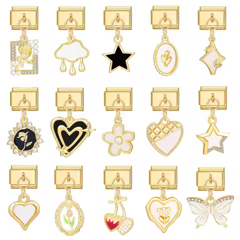 Vintage Gold Color Heart Star Cloud Rose Tulip Pendant Italian Charm Links Stainless Steel Fit 9mm I