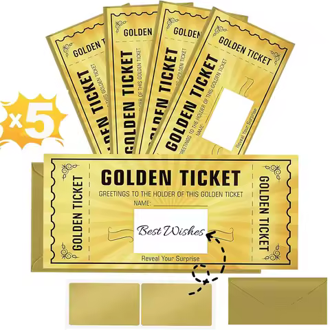 5 Sets Gold Scratch off Tickets with Envelopes DIY Birthday Wedding Concert Movie Coupon Lucky Draw