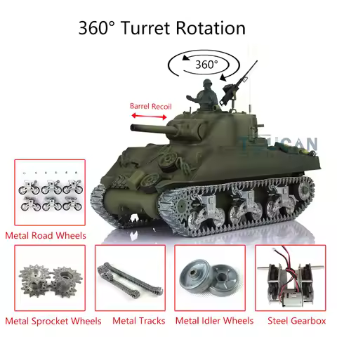 HENG LONG 1/16 7.0 M4A3 Sherman RC Tank 3898 Barrel Recoil 360° Metal Tracks Wheels Toucan Ready to 