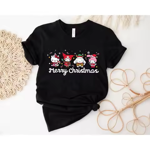 MINISO Hello Kitty Women's Cotton Christmas Shirt Cute Kitty Cinnamoroll Kuromi My Melody Pattern Ch