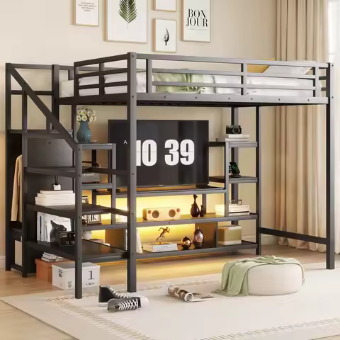 bed Full Size Metal Loft Bed with TV Stand, Black,bed,Kids Full Size Loft Bed, Metal Loft Bed with S