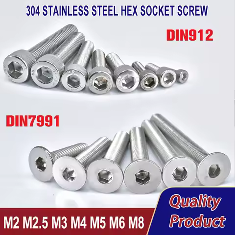 304 Stainless Steel Hex Socket Screw DIN912 Hexagon Allen Bolt Metal Machine Screws DIN7991 A2 Screw