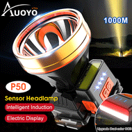 Auoyo lampu suluh kepala Led Headlamp Waterproof Powerful Head Lamp COB USB Rechargeable Headlight H