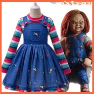 Horror Movie Chucky Doll Cosplay Costume For Kids Striped Top+Print Suspender Dress For Little Girl 