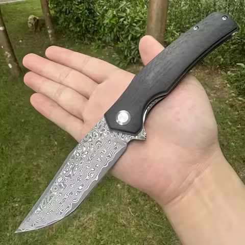 Topwell Handmade Big Size Folding Knife Perfect Quality Damascus Steel Blade Carbon Fiber G10 Handle