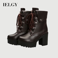 IELGY ladies short boots 9cm high heels large size solid color round head thick heel shoe short tube