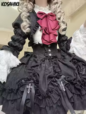 Sweet 3 Piece Sets Women Ruffled Collar Lolita Shirt + Print Crop Coat + Irregular Cake Bow Skirts S