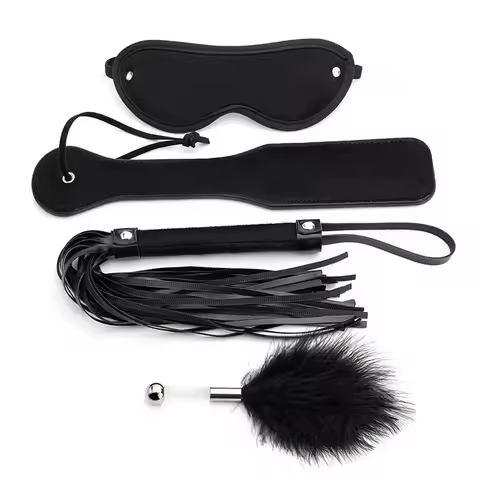 4Pcs BDSM Bondage Kit PU Leather Spanking Paddle Whip Feather Stick Eye Mask Adult Couples Erotic Fo