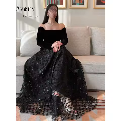 Avery Customized Black Embroidery Lace A-line Elegant Dress Luxury Wedding Guest Luxurious Women's E