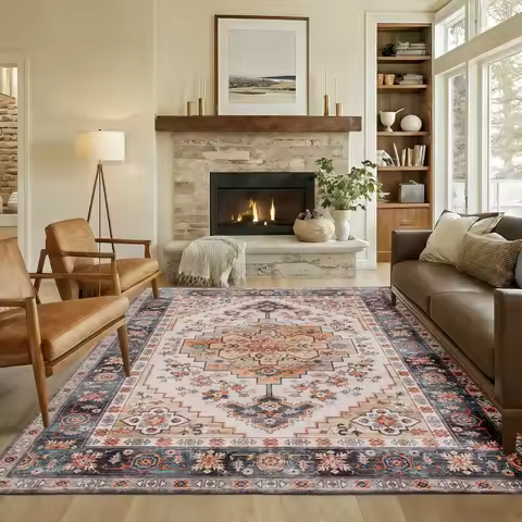 Area Rug 5x7, Machine Washable Rug for Living Room, Tawny Brown