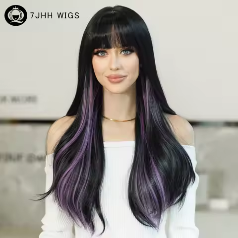 7JHH WIGS Long Wavy Dark Green Wig for Women Daily Cosplay Party Highlight Purple Synthetic Hair Wig