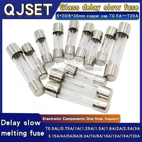 20pcs 6x30mm/5*20mm slow fusing glass delay fuse tube T0.5A 0.75A 1A 1.25A 1.5A 2A 2.5A 3.15A 4A 6.3