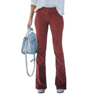 Women Pants Elastic High Waist Solid Color Flared Pants with Pockets Corduroy Leisure Work Travel Pa