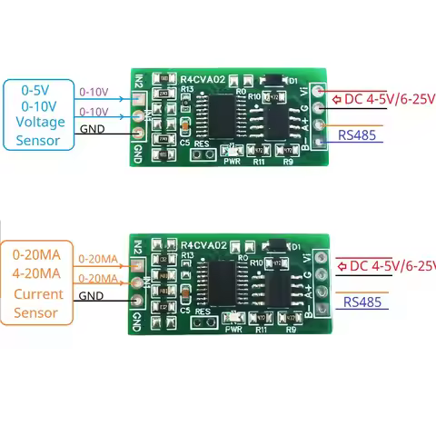 Mini 2CH Voltage Current RS485 Collector Module ADC 0-5V 0-10V 4-20MA 0-20MA Serial Port UART AI Inp