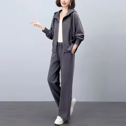 Casual Grey Set 2025 Summer New Loose Fashion Solid Color Western Style Mom Hoodie Early Autumn Two 