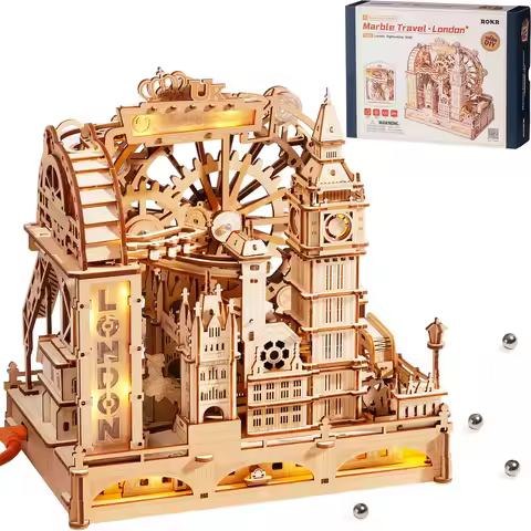 Robotime 3D Wooden Puzzle Marble Run Building Kit London City Model with Lights Mechanical DIY Landm