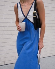 GY25023 Fashionable V-neck sleeveless color blocking copper ammonia silk large hem dress