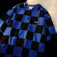 Short Sleeved T Shirt Men Trend All Match Checkerboard Plaid Trend Casual Fashion Youth Top Baju T Shirt Lelaki 2024