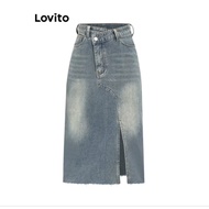Lovito L size casual denim skirts plain asymmetrical pocket/washed denim skirt for women