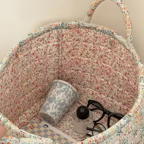 Fabric Pastoral Debris Organizing Bag with Handle Laundry Storage Bin Washable Clothes Hamper for Of
