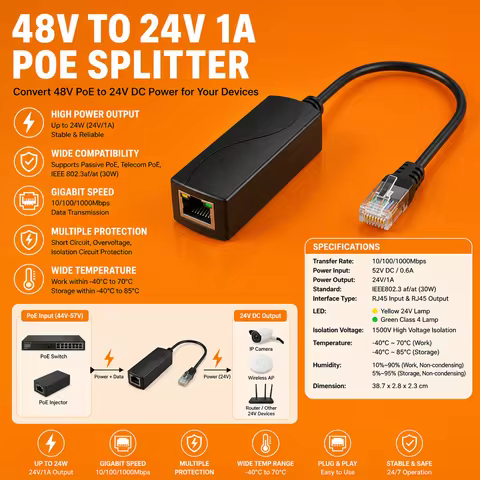 Gigabit PoE 48V to 24V PoE Converter, RJ45 Port Output 24V/1A, IEEE802.3af/at for Passive 24V Device