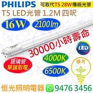 PHILIPS 飛利浦（單端）T5 4000K 中性 / 6500K 白光 16W LED 光管 2100流明 1.2M 四呎 30000小時壽命 香港行貨 保用一年