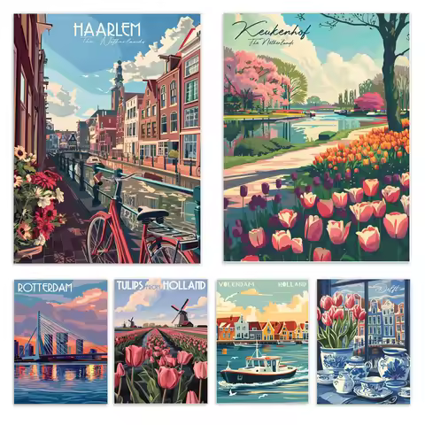 Netherlands travel poster with Volendam, Delft, The Hague, Amsterdam canal, Rotterdam, Haarlem, Utre