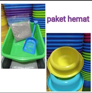 Murah Paket Hemat Bak pasir Kucing 1 Set warna random .. bak+serokan+pasir dan tempat makan