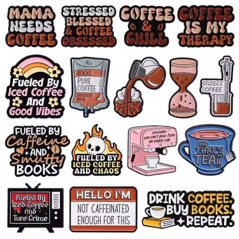 Stressed Blessed Coffee Obsessed Custom Letters Quotes Enamel Pins Cartoon Coffee Machine Cup Hourgl
